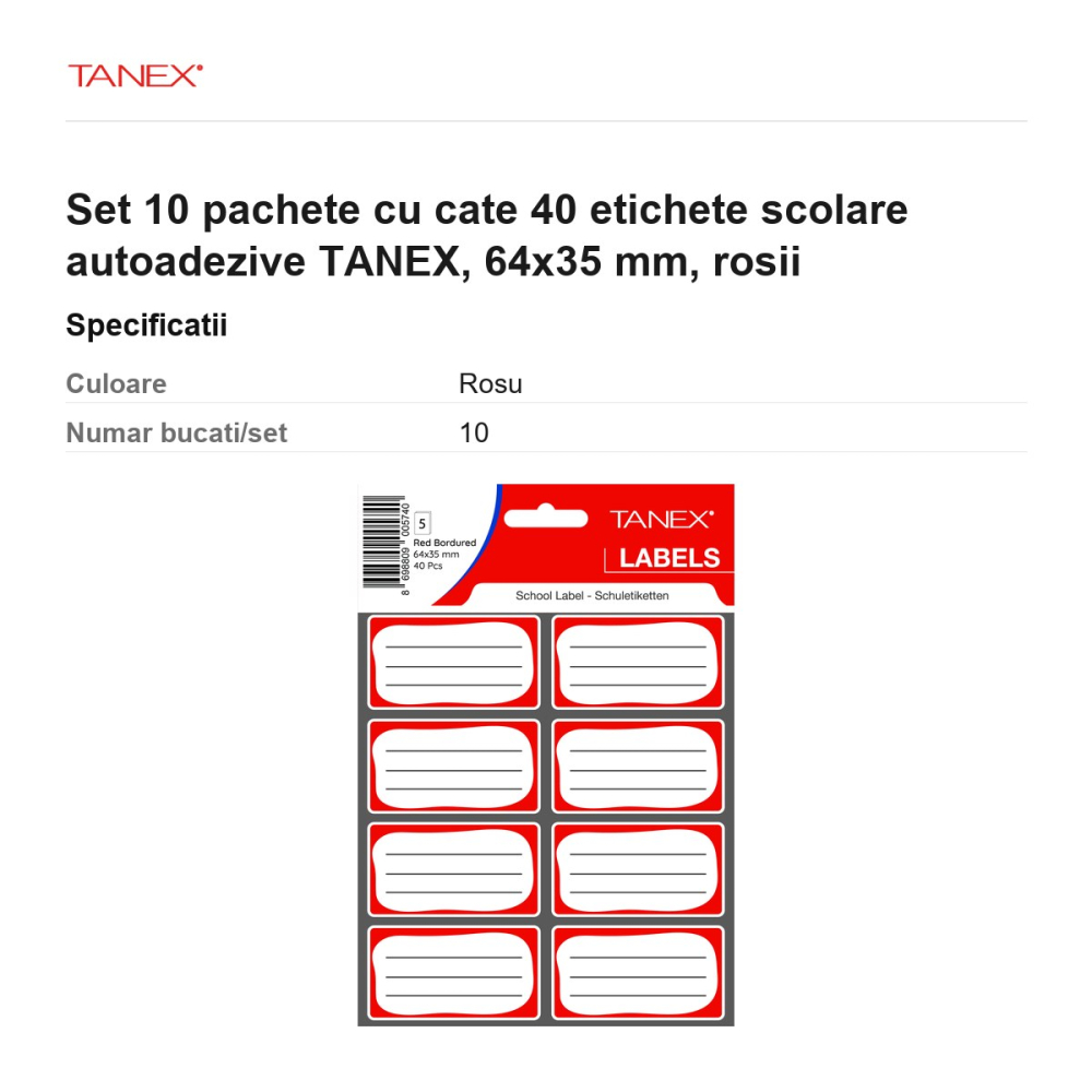 Set 10 pachete cu cate 40 etichete scolare autoadezive TANEX, 64x35 mm, rosii [3]