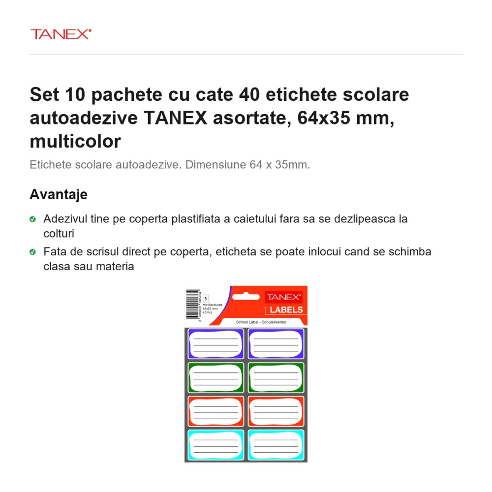 Set 10 pachete cu cate 40 etichete scolare autoadezive TANEX asortate, 64x35 mm, multicolor [2]