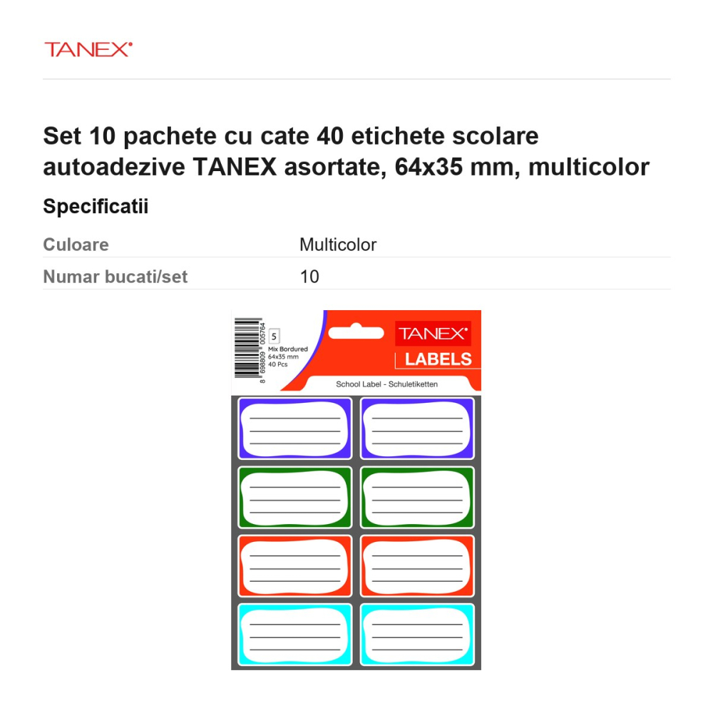 Set 10 pachete cu cate 40 etichete scolare autoadezive TANEX asortate, 64x35 mm, multicolor [3]