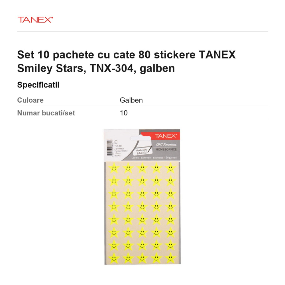 Set 10 pachete cu cate 80 stickere TANEX Smiley Stars, TNX-304, galben [3]