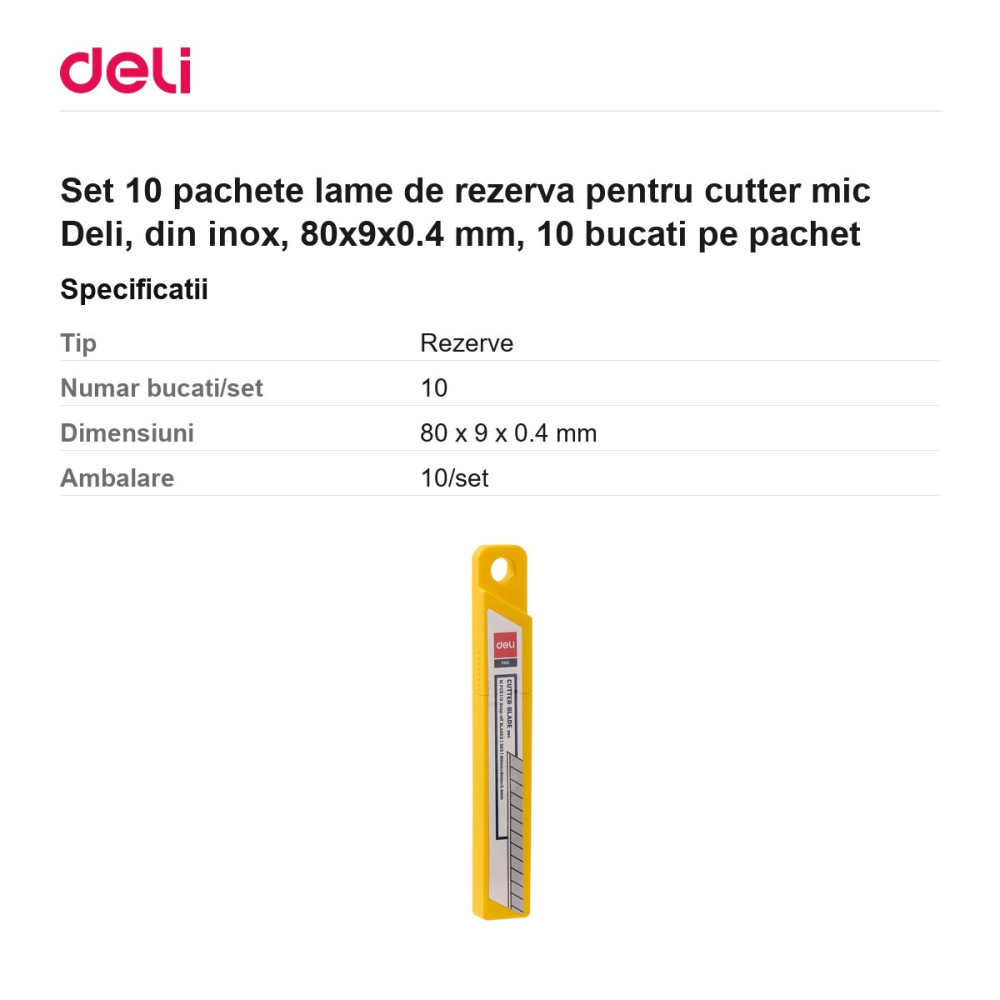 Set 10 pachete lame de rezerva pentru cutter mic Deli, din inox, 80x9x0.4 mm, 10 bucati pe pachet [3]