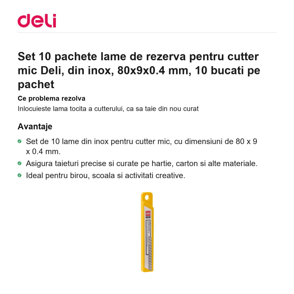 Set 10 pachete lame de rezerva pentru cutter mic Deli, din inox, 80x9x0.4 mm, 10 bucati pe pachet [2]