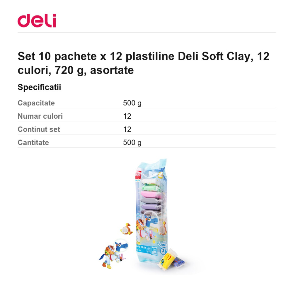 Set 10 pachete x 12 plastiline Deli Soft Clay, 12 culori, 720 g, asortate [3]