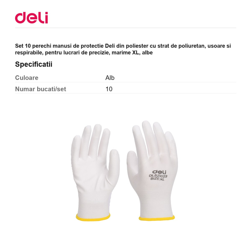 Set 10 perechi manusi de protectie Deli din poliester cu strat de poliuretan, usoare si respirabile, pentru lucrari de precizie, marime XL, albe [3]