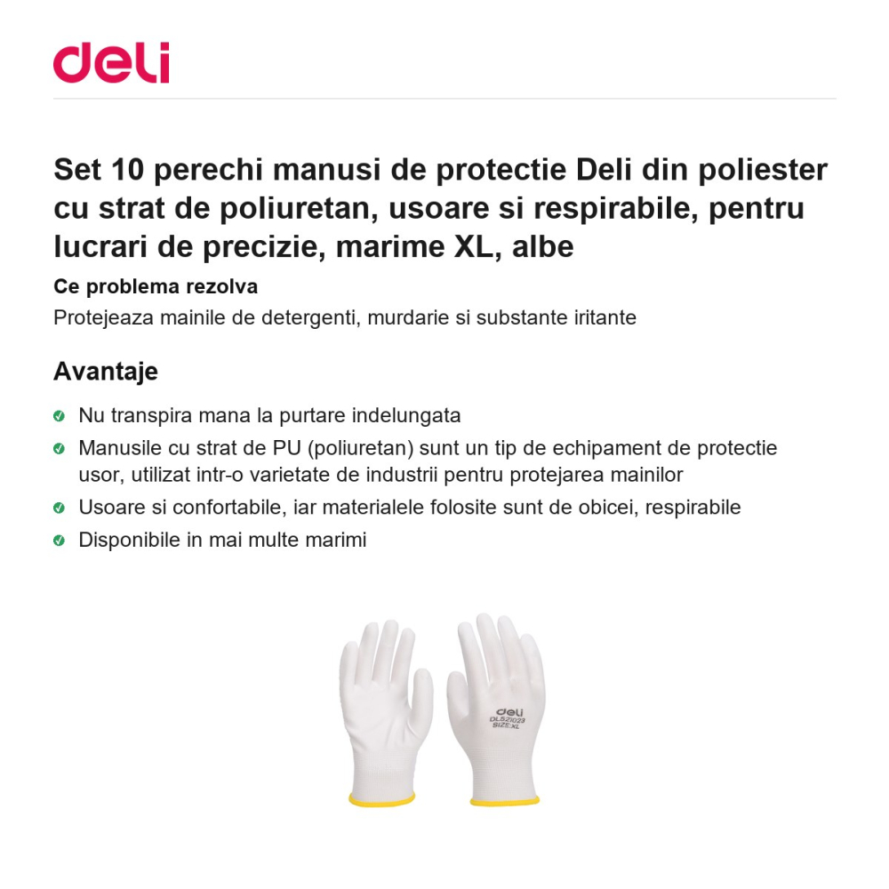 Set 10 perechi manusi de protectie Deli din poliester cu strat de poliuretan, usoare si respirabile, pentru lucrari de precizie, marime XL, albe [2]