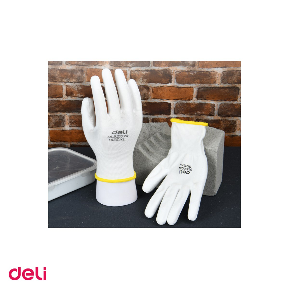 Set 10 perechi manusi de protectie Deli din poliester cu strat de poliuretan, usoare si respirabile, pentru lucrari de precizie, marime XL, albe [4]
