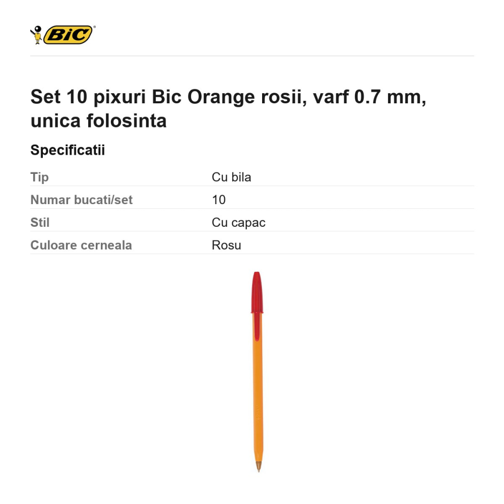 Set 10 pixuri Bic Orange rosii, varf 0.7 mm, unica folosinta [3]
