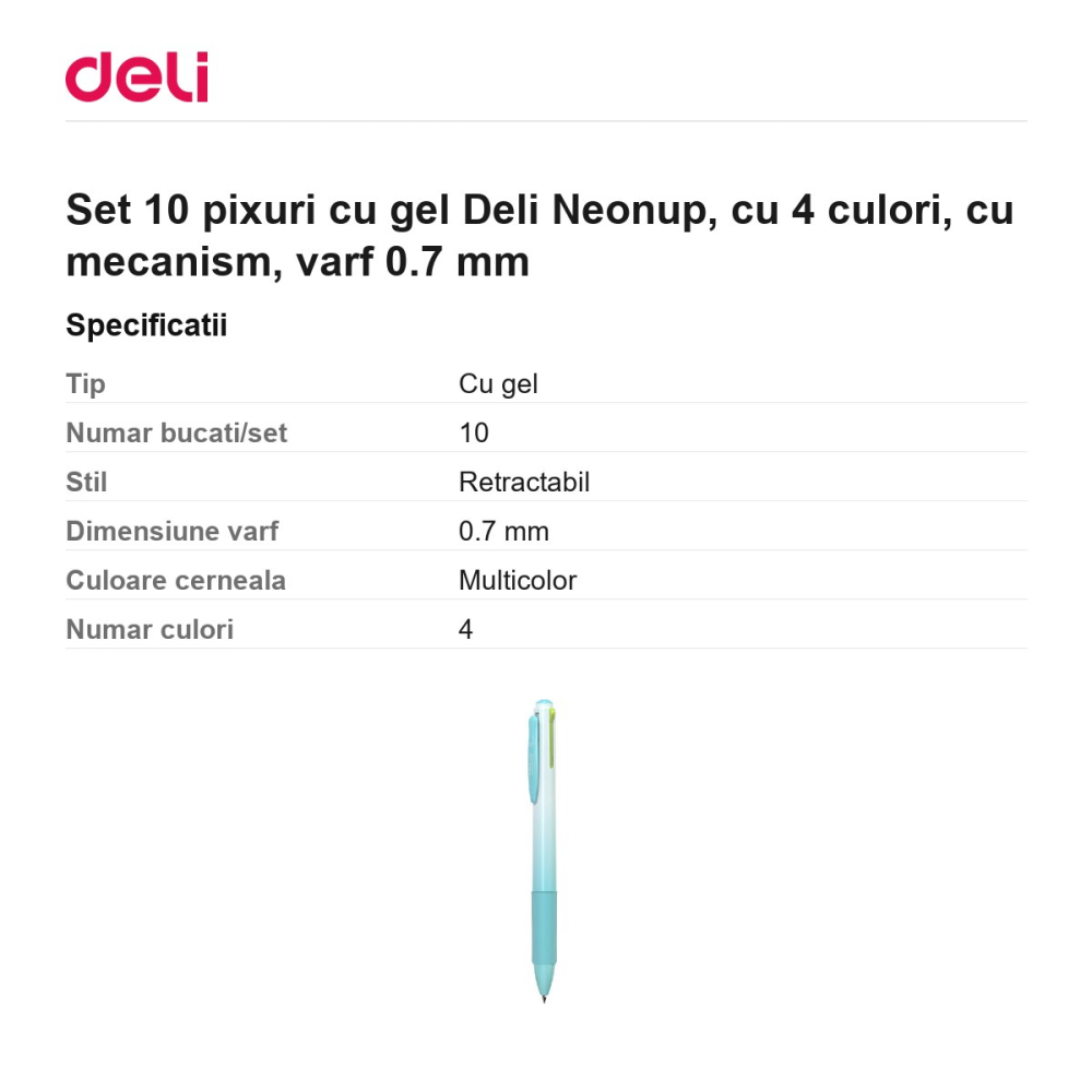 Set 10 pixuri cu gel Deli Neonup, cu 4 culori, cu mecanism, varf 0.7 mm [3]