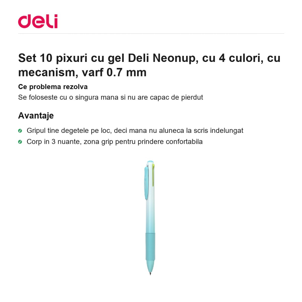 Set 10 pixuri cu gel Deli Neonup, cu 4 culori, cu mecanism, varf 0.7 mm [2]
