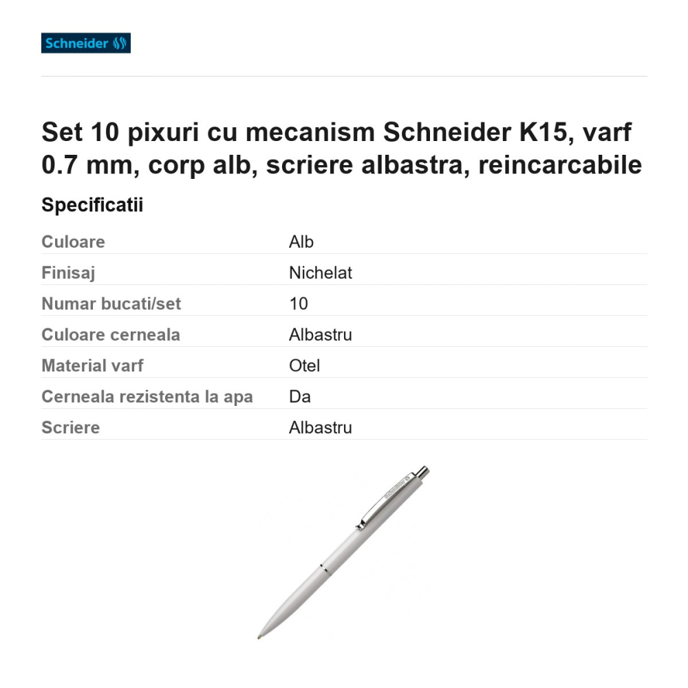 Set 10 pixuri cu mecanism Schneider K15, varf 0.7 mm, corp alb, scriere albastra, reincarcabile [3]