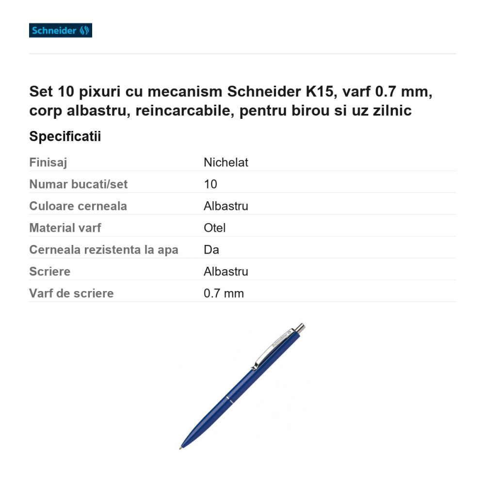 Set 10 pixuri cu mecanism Schneider K15, varf 0.7 mm, corp albastru, reincarcabile, pentru birou si uz zilnic [3]