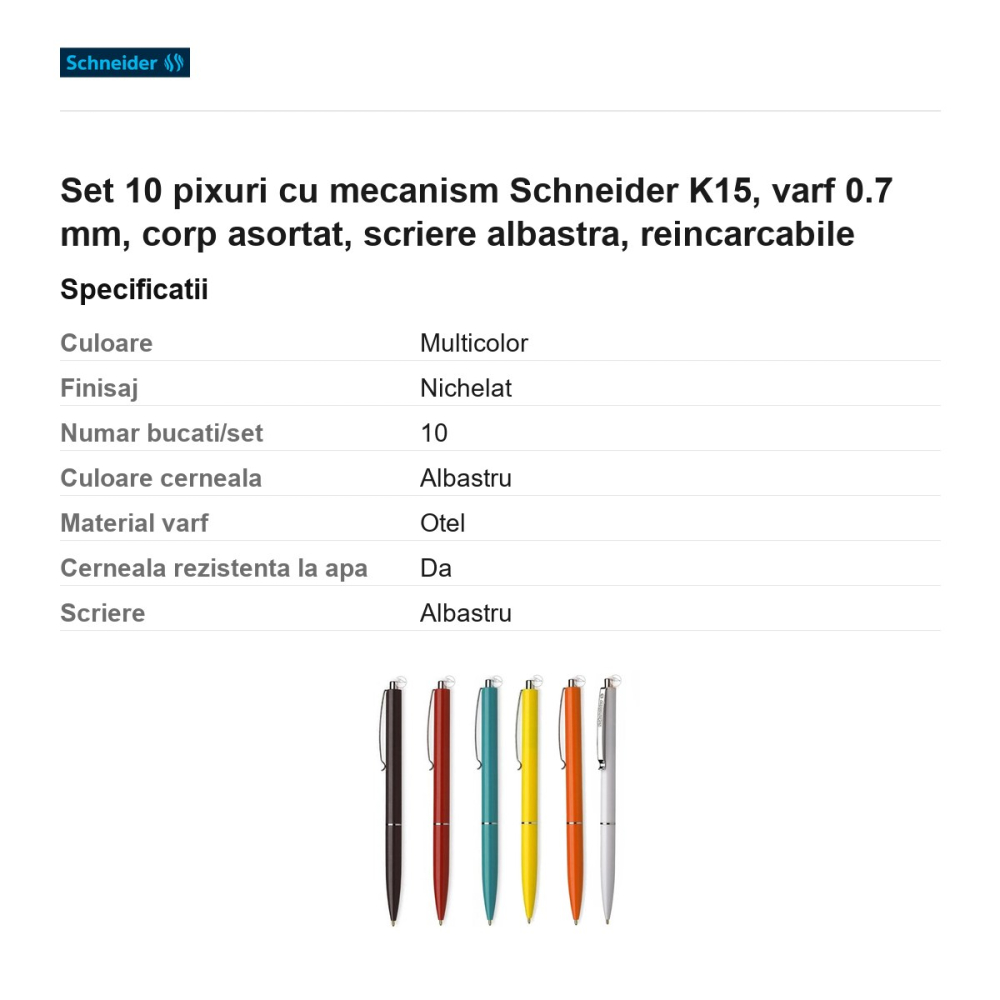 Set 10 pixuri cu mecanism Schneider K15, varf 0.7 mm, corp asortat, scriere albastra, reincarcabile [3]