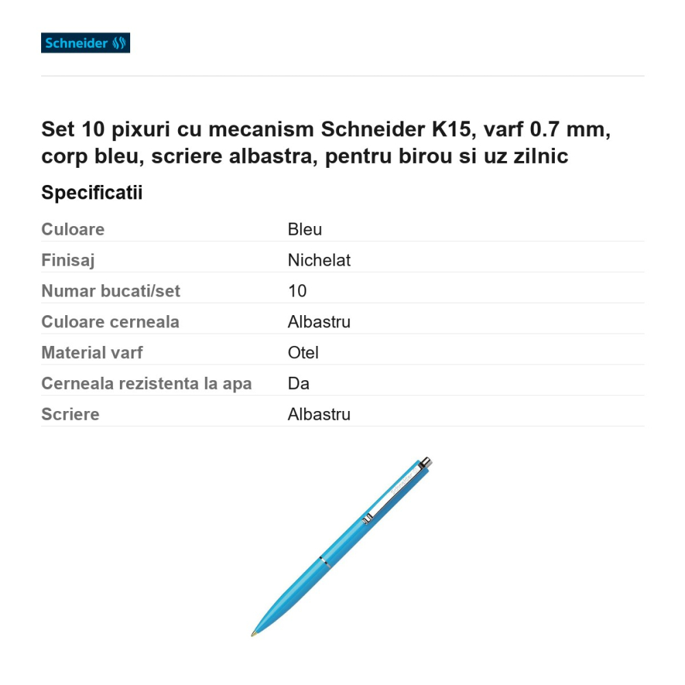 Set 10 pixuri cu mecanism Schneider K15, varf 0.7 mm, corp bleu, scriere albastra, pentru birou si uz zilnic [3]