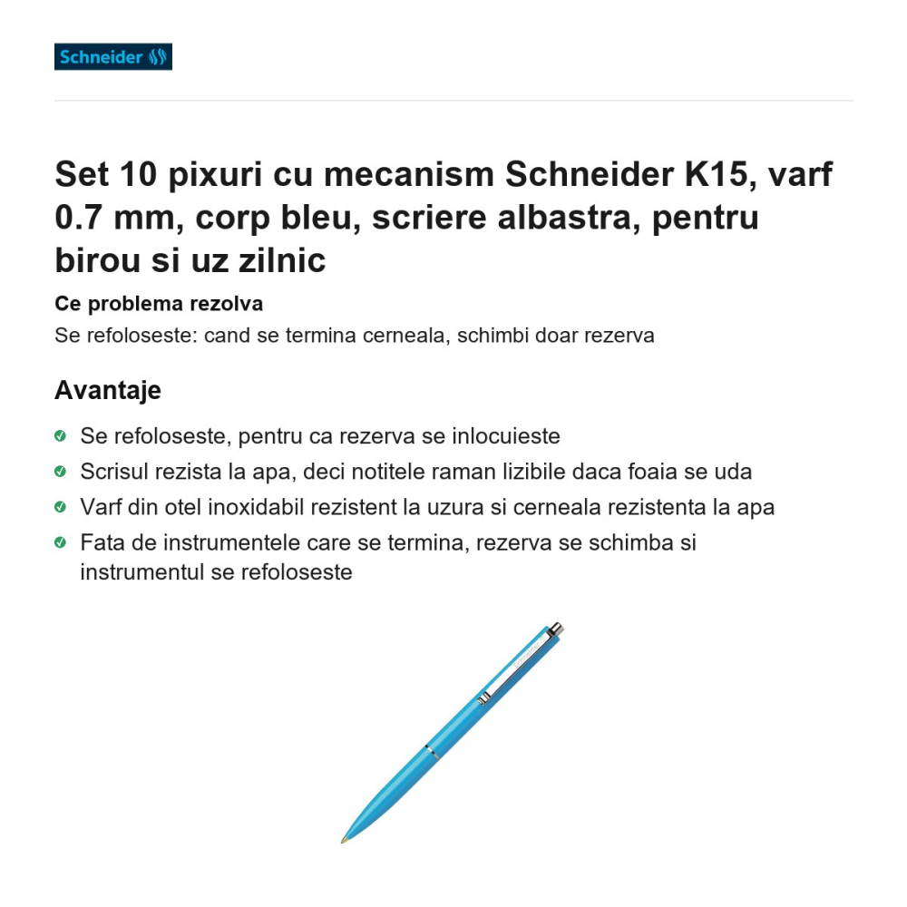 Set 10 pixuri cu mecanism Schneider K15, varf 0.7 mm, corp bleu, scriere albastra, pentru birou si uz zilnic [2]