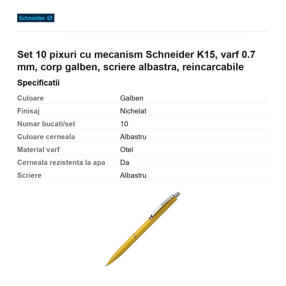 Set 10 pixuri cu mecanism Schneider K15, varf 0.7 mm, corp galben, scriere albastra, reincarcabile [3]