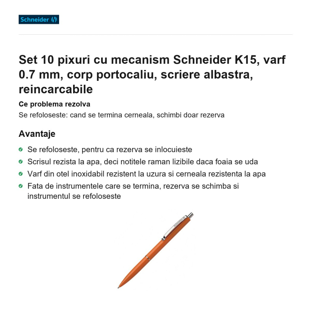 Set 10 pixuri cu mecanism Schneider K15, varf 0.7 mm, corp portocaliu, scriere albastra, reincarcabile [2]