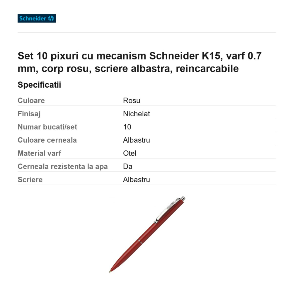 Set 10 pixuri cu mecanism Schneider K15, varf 0.7 mm, corp rosu, scriere albastra, reincarcabile [3]