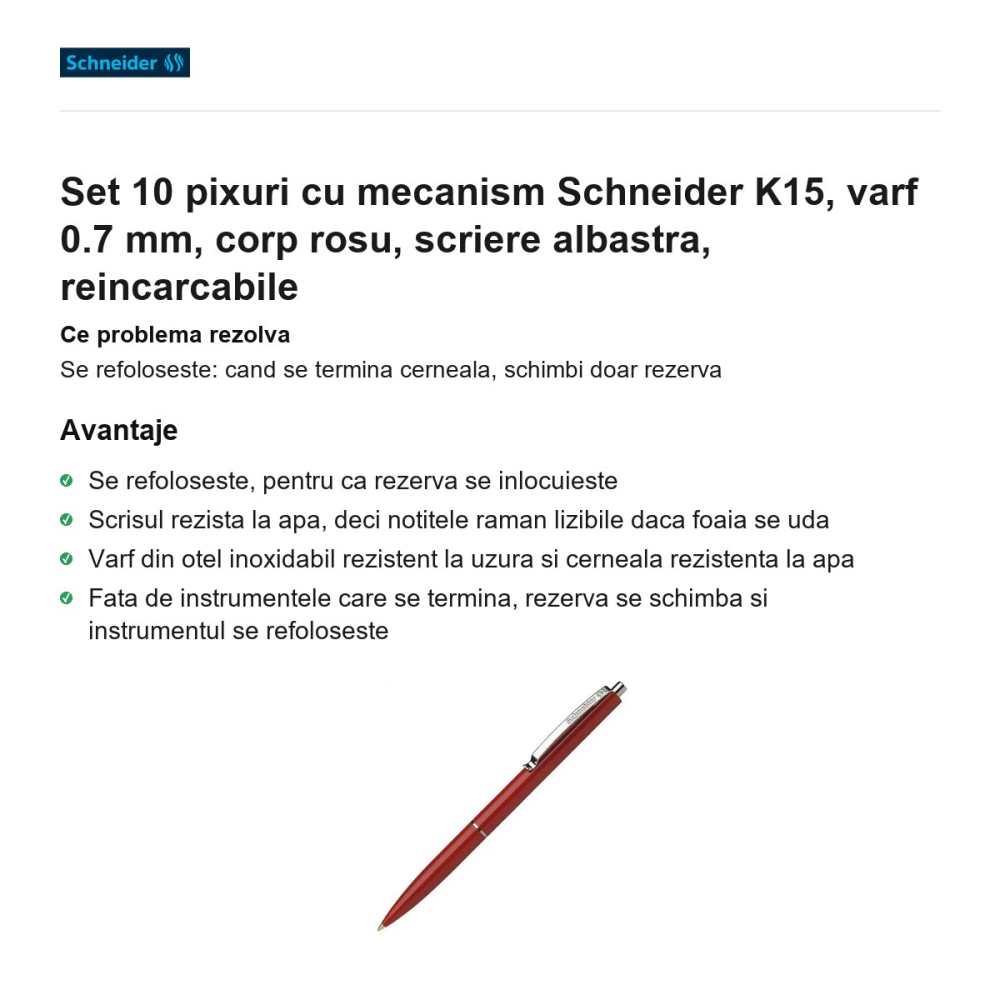 Set 10 pixuri cu mecanism Schneider K15, varf 0.7 mm, corp rosu, scriere albastra, reincarcabile [2]