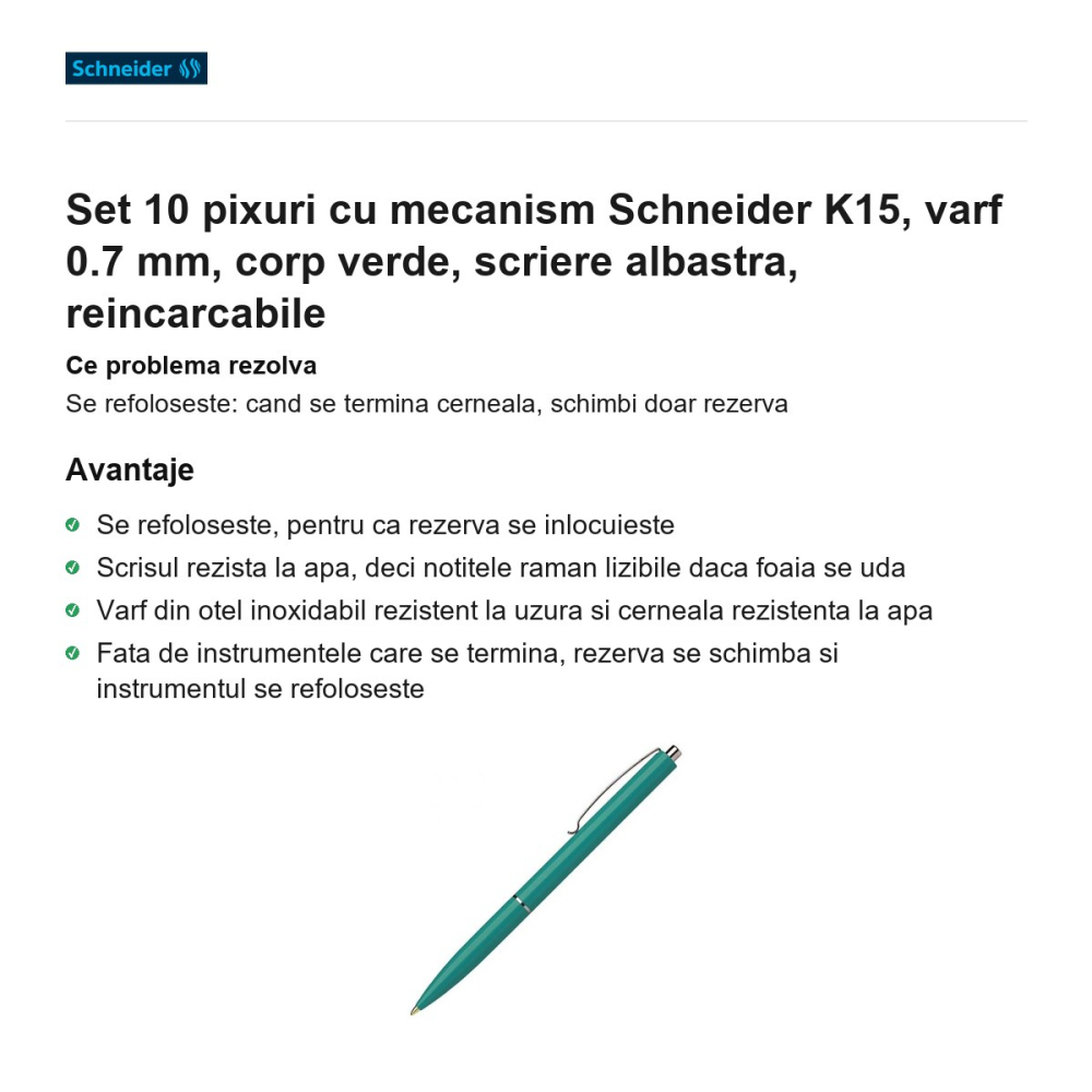 Set 10 pixuri cu mecanism Schneider K15, varf 0.7 mm, corp verde, scriere albastra, reincarcabile [2]