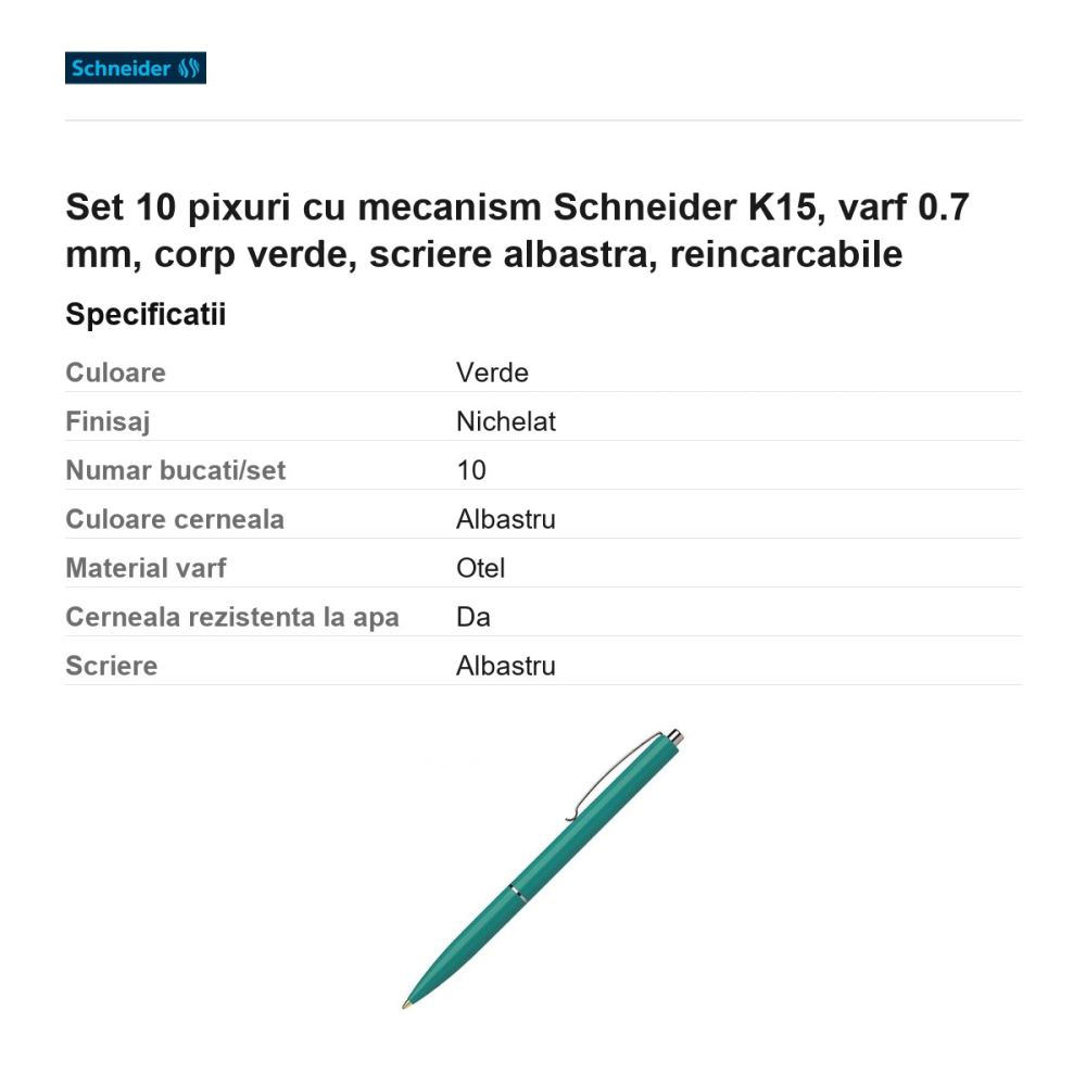 Set 10 pixuri cu mecanism Schneider K15, varf 0.7 mm, corp verde, scriere albastra, reincarcabile [3]