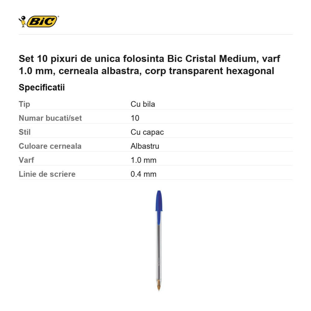 Set 10 pixuri de unica folosinta Bic Cristal Medium, varf 1.0 mm, cerneala albastra, corp transparent hexagonal [3]