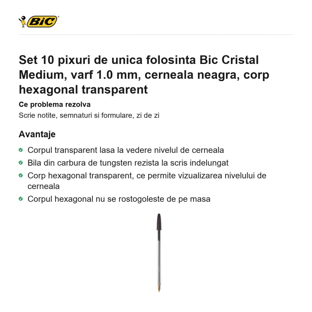 Set 10 pixuri de unica folosinta Bic Cristal Medium, varf 1.0 mm, cerneala neagra, corp hexagonal transparent [2]