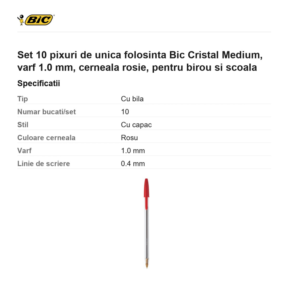 Set 10 pixuri de unica folosinta Bic Cristal Medium, varf 1.0 mm, cerneala rosie, pentru birou si scoala [3]