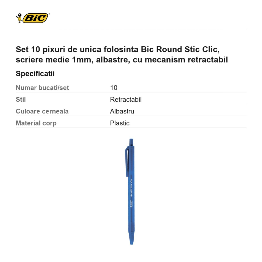 Set 10 pixuri de unica folosinta Bic Round Stic Clic, scriere medie 1mm, albastre, cu mecanism retractabil [3]