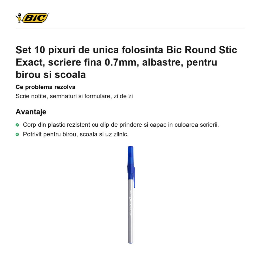 Set 10 pixuri de unica folosinta Bic Round Stic Exact, scriere fina 0.7mm, albastre, pentru birou si scoala [2]