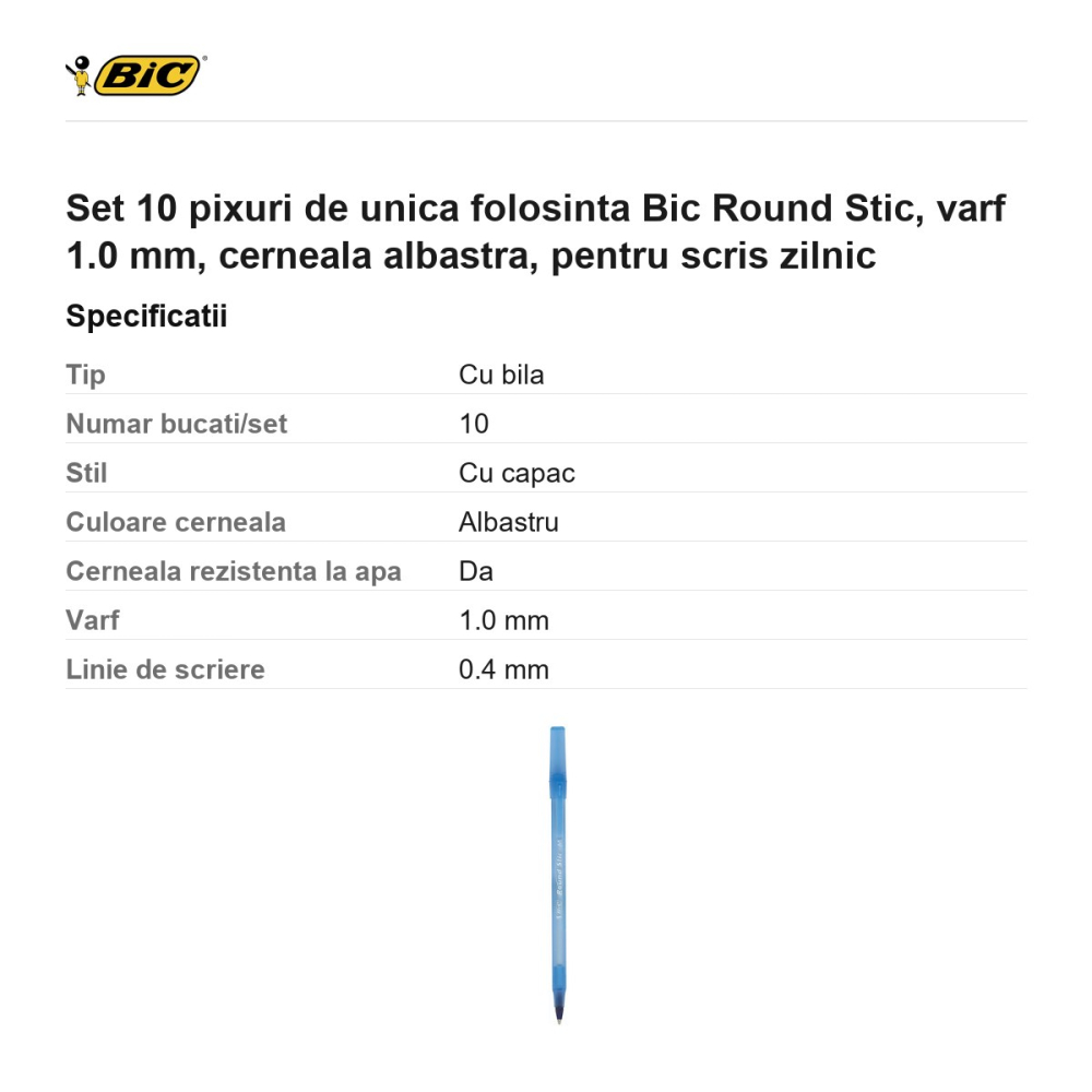 Set 10 pixuri de unica folosinta Bic Round Stic, varf 1.0 mm, cerneala albastra, pentru scris zilnic [3]