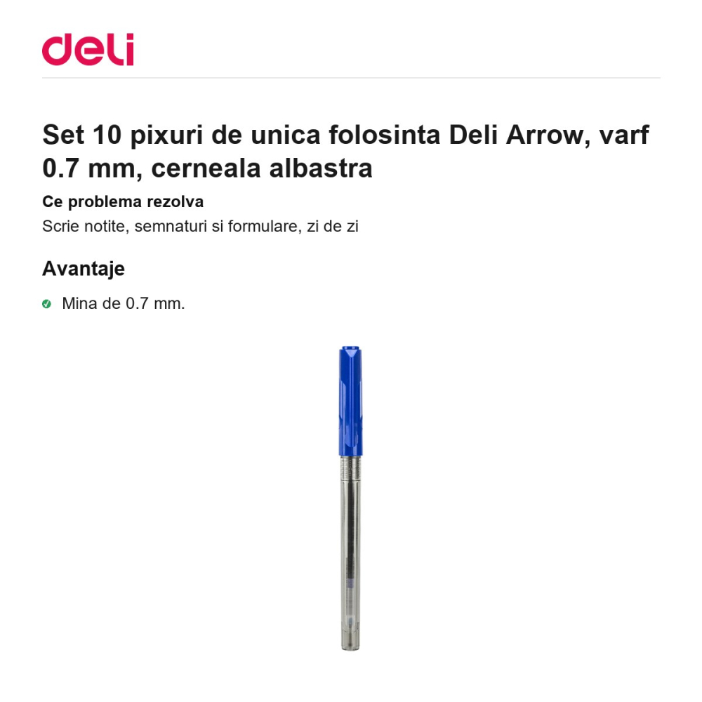 Set 10 pixuri de unica folosinta Deli Arrow, varf 0.7 mm, cerneala albastra [2]
