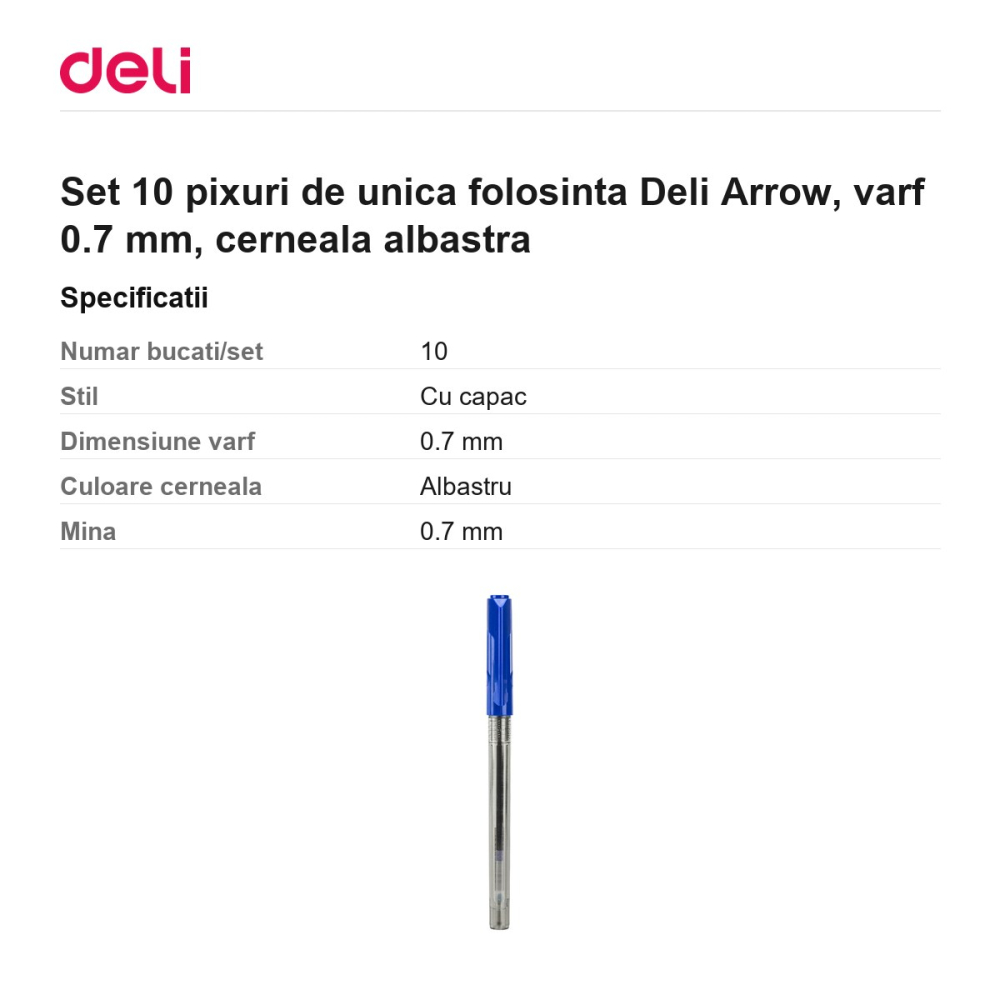 Set 10 pixuri de unica folosinta Deli Arrow, varf 0.7 mm, cerneala albastra [3]
