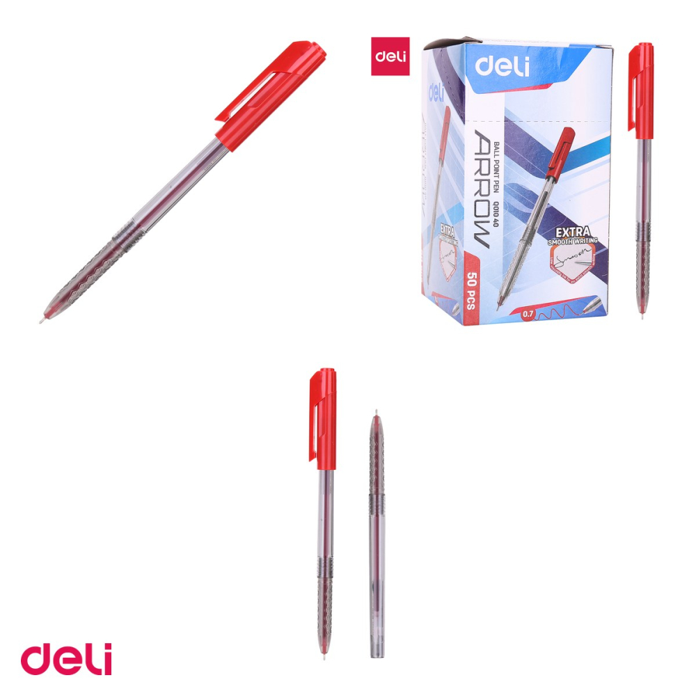 Set 10 pixuri de unica folosinta Deli Arrow, varf 0.7 mm, cerneala rosie [4]