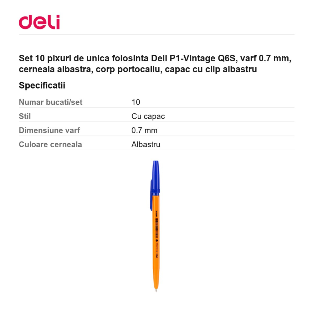 Set 10 pixuri de unica folosinta Deli P1-Vintage Q6S, varf 0.7 mm, cerneala albastra, corp portocaliu, capac cu clip albastru [3]