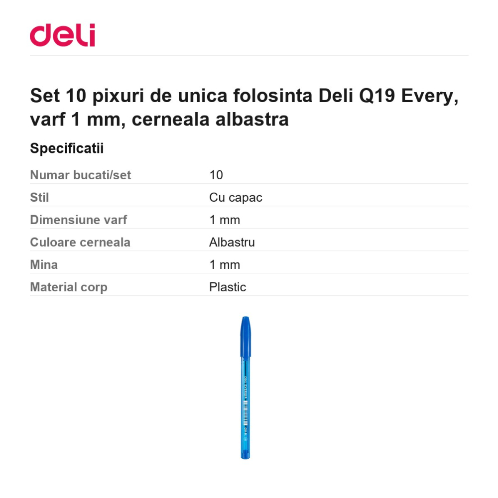 Set 10 pixuri de unica folosinta Deli Q19 Every, varf 1 mm, cerneala albastra [3]
