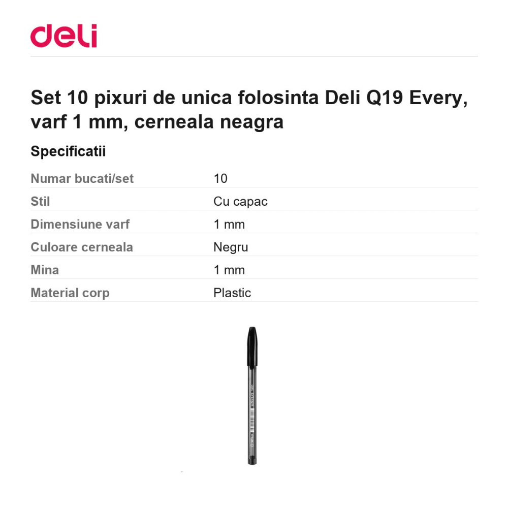 Set 10 pixuri de unica folosinta Deli Q19 Every, varf 1 mm, cerneala neagra [3]
