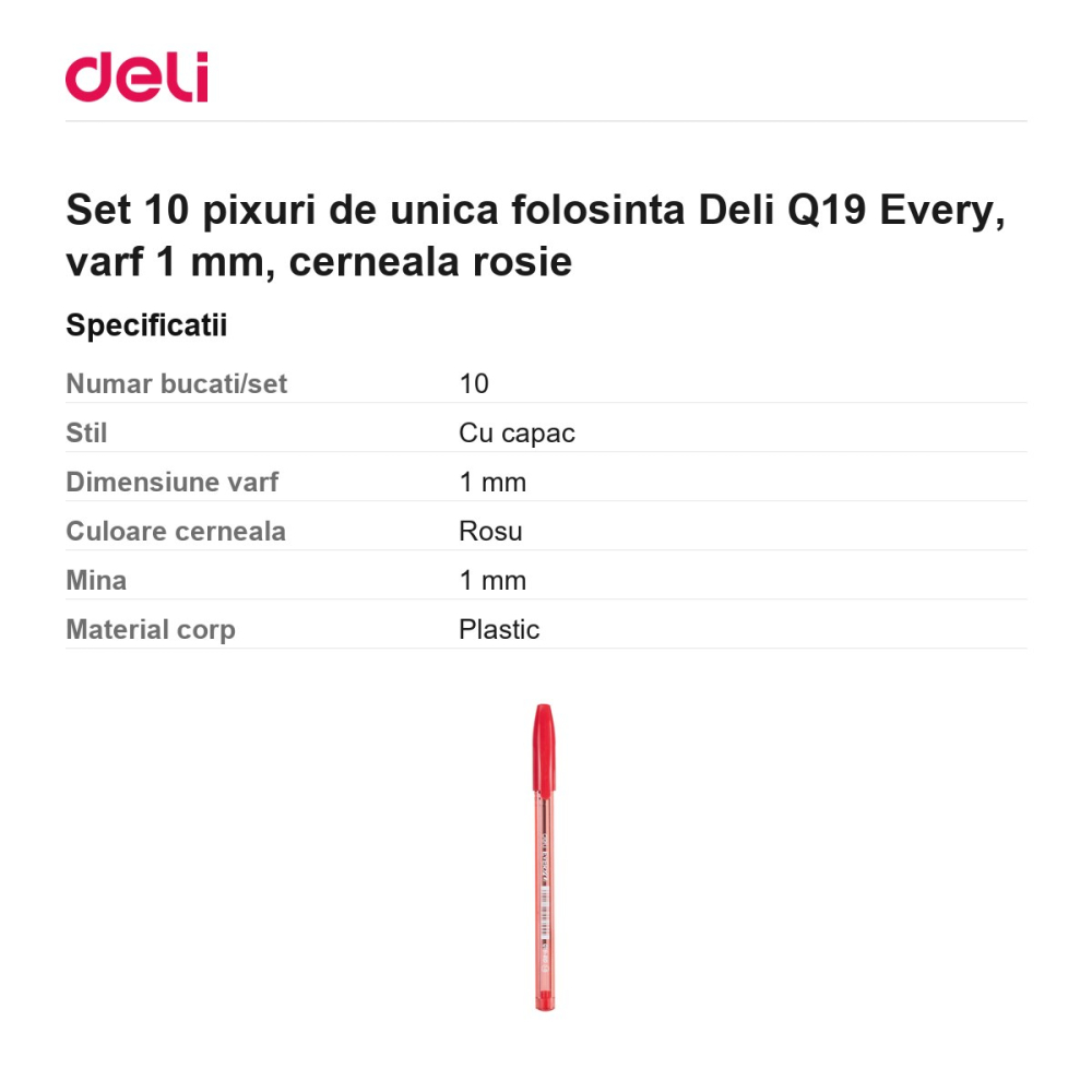 Set 10 pixuri de unica folosinta Deli Q19 Every, varf 1 mm, cerneala rosie [3]