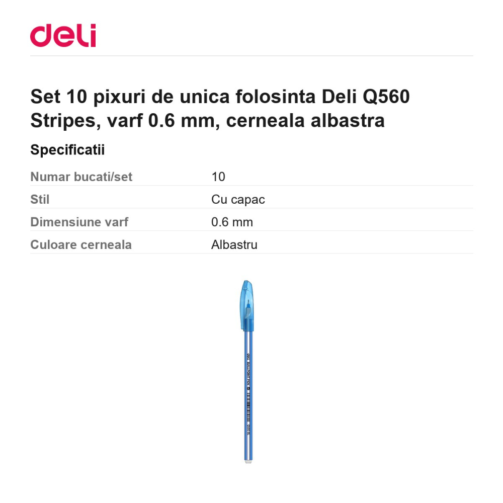 Set 10 pixuri de unica folosinta Deli Q560 Stripes, varf 0.6 mm, cerneala albastra [3]