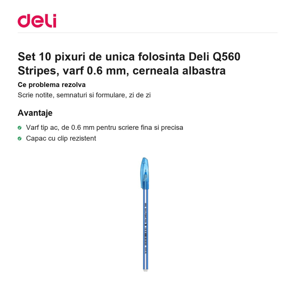 Set 10 pixuri de unica folosinta Deli Q560 Stripes, varf 0.6 mm, cerneala albastra [2]