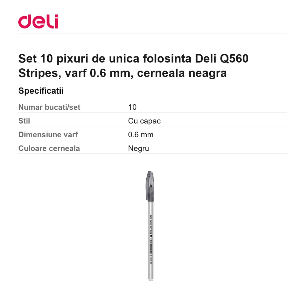 Set 10 pixuri de unica folosinta Deli Q560 Stripes, varf 0.6 mm, cerneala neagra [3]