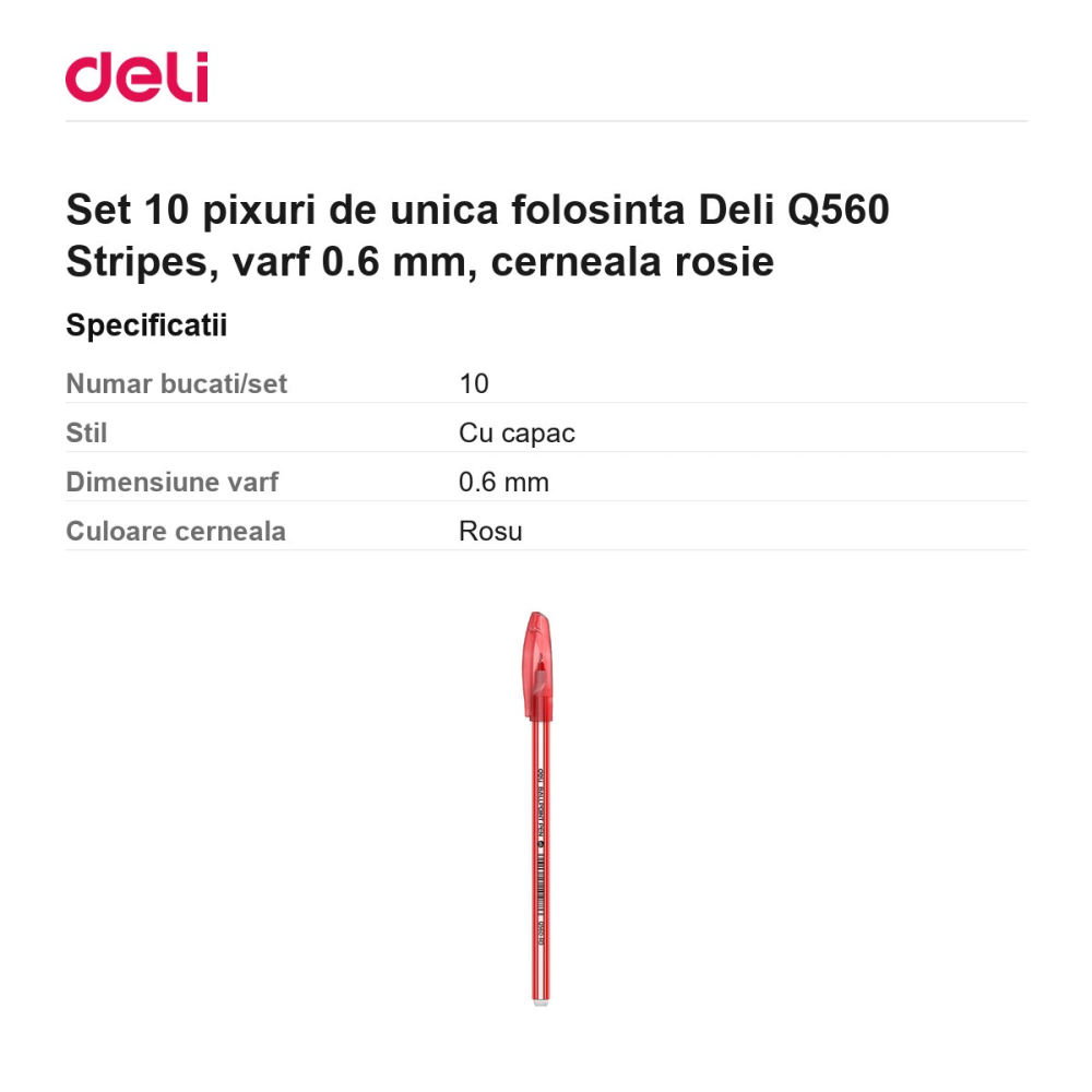 Set 10 pixuri de unica folosinta Deli Q560 Stripes, varf 0.6 mm, cerneala rosie [3]