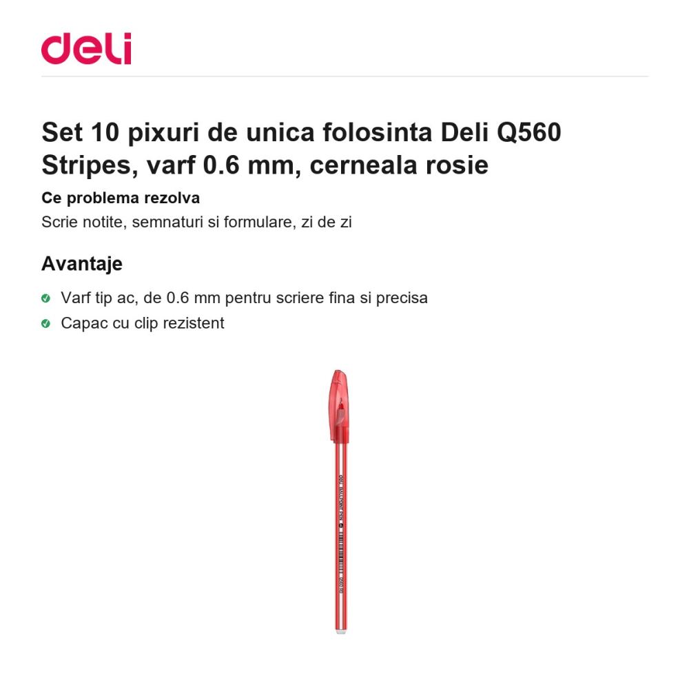 Set 10 pixuri de unica folosinta Deli Q560 Stripes, varf 0.6 mm, cerneala rosie [2]