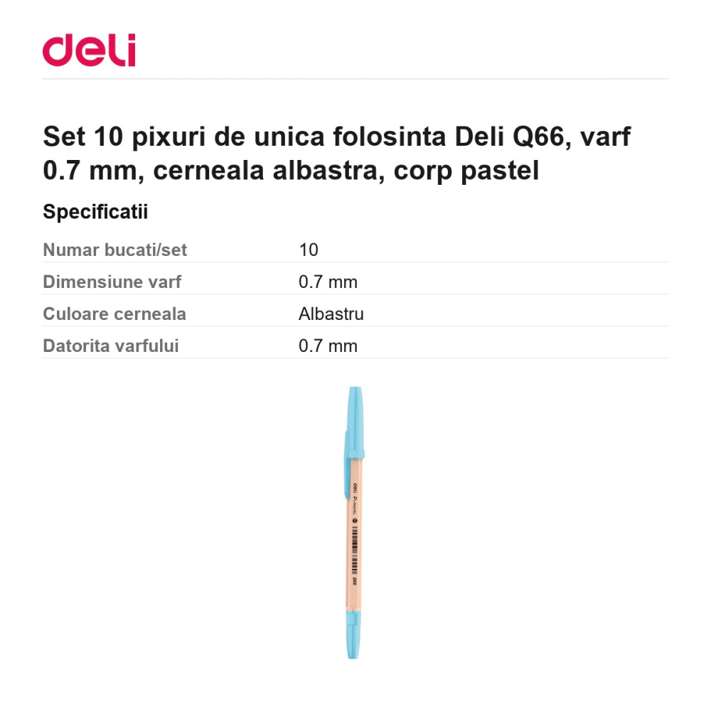 Set 10 pixuri de unica folosinta Deli Q66, varf 0.7 mm, cerneala albastra, corp pastel [3]