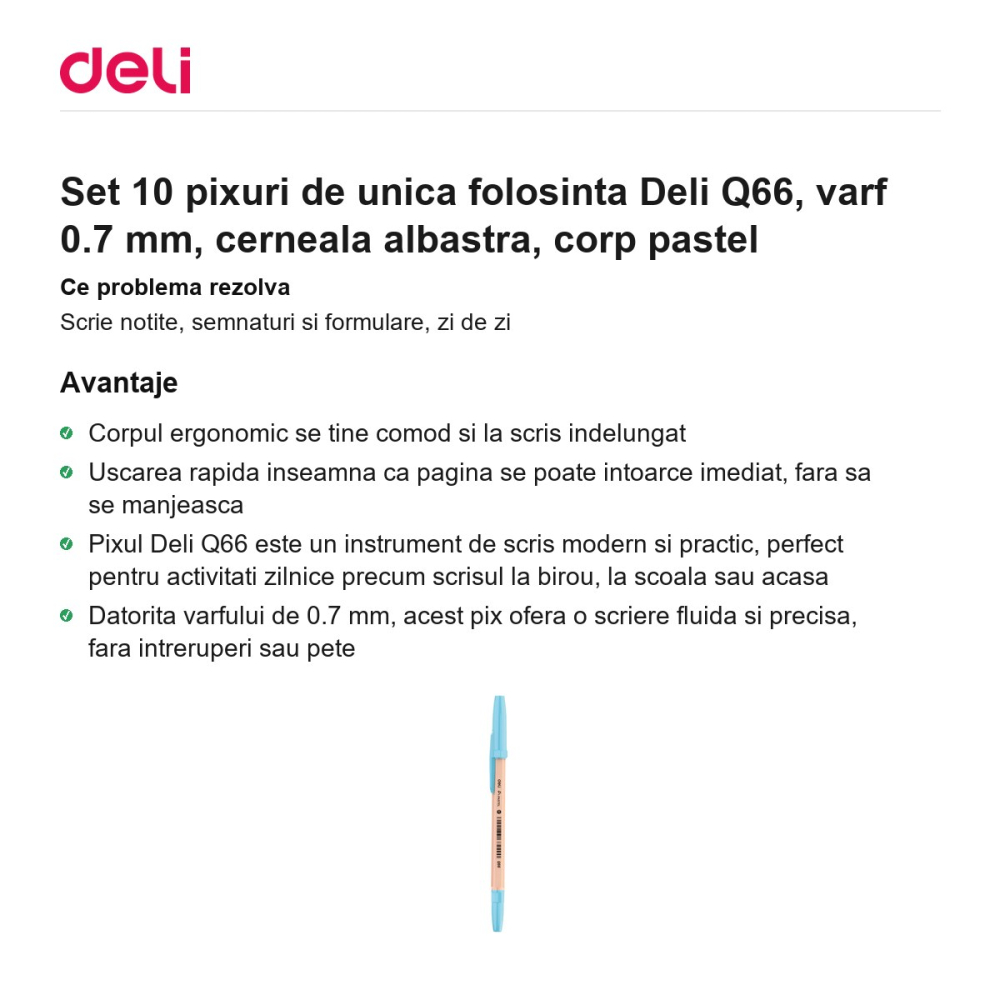 Set 10 pixuri de unica folosinta Deli Q66, varf 0.7 mm, cerneala albastra, corp pastel [2]