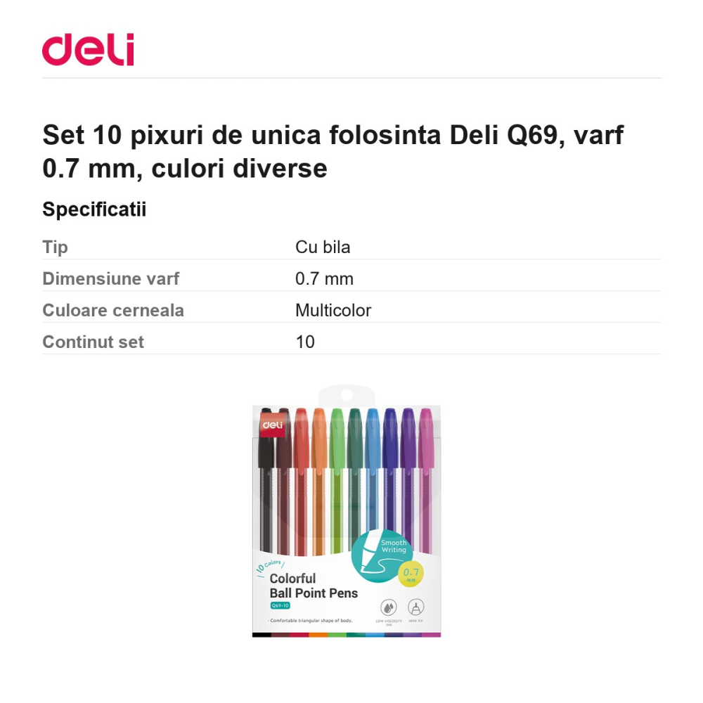 Set 10 pixuri de unica folosinta Deli Q69, varf 0.7 mm, culori diverse [3]