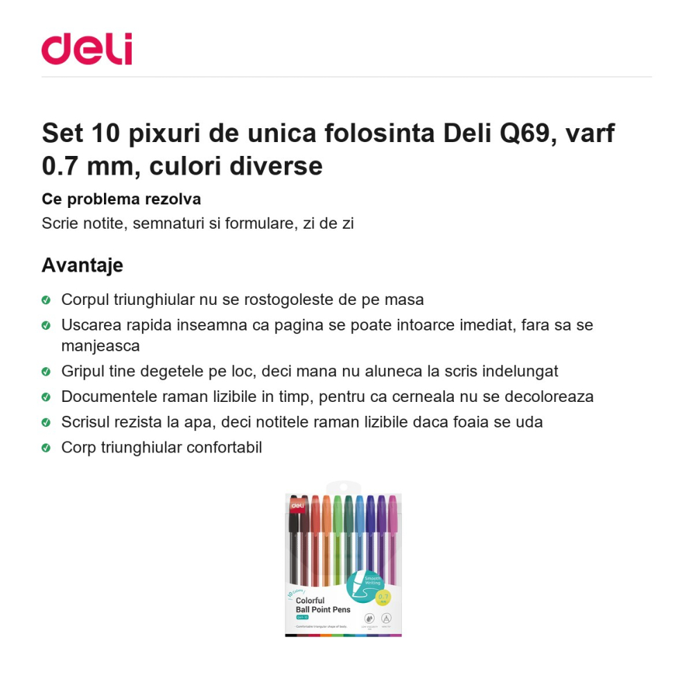Set 10 pixuri de unica folosinta Deli Q69, varf 0.7 mm, culori diverse [2]