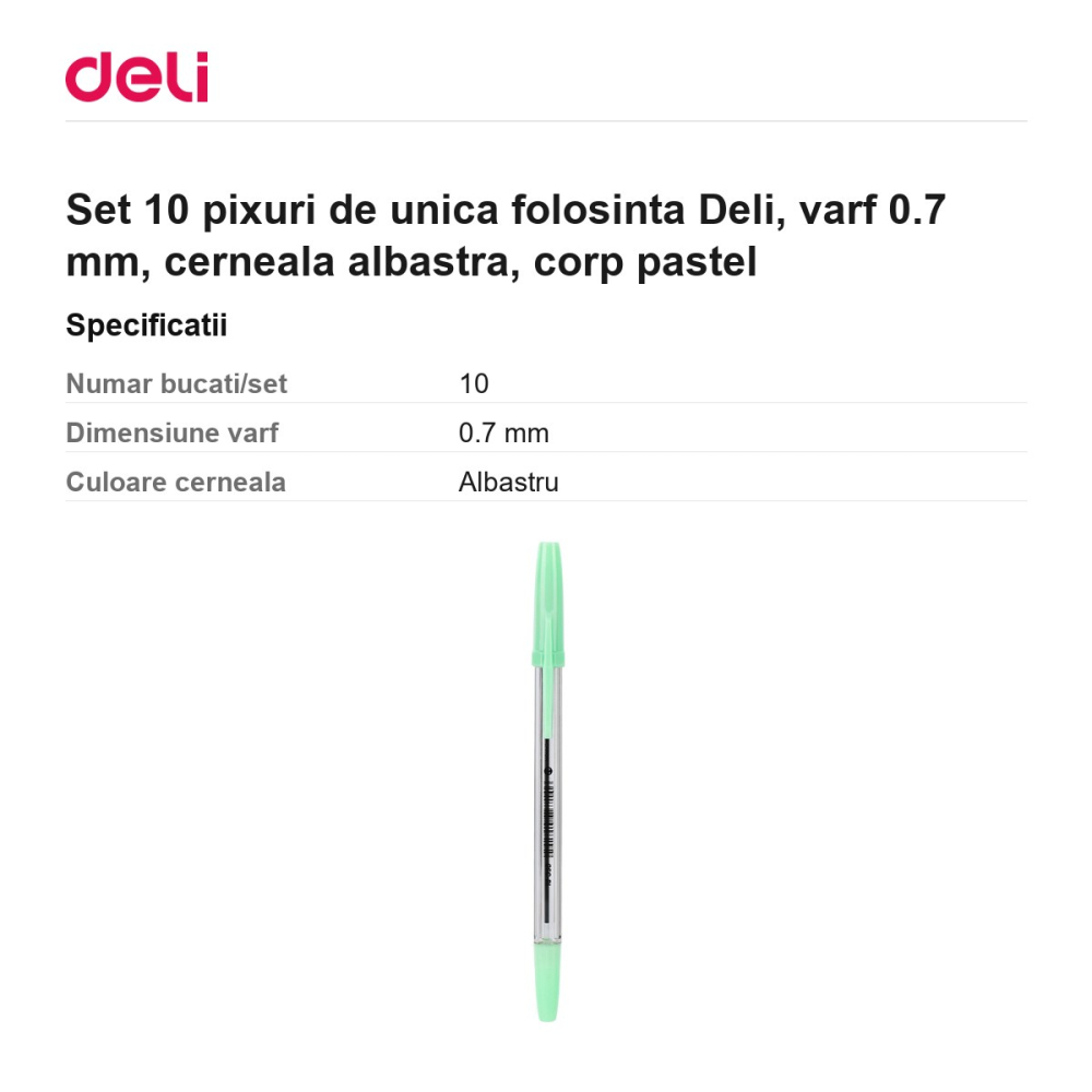 Set 10 pixuri de unica folosinta Deli, varf 0.7 mm, cerneala albastra, corp pastel [3]