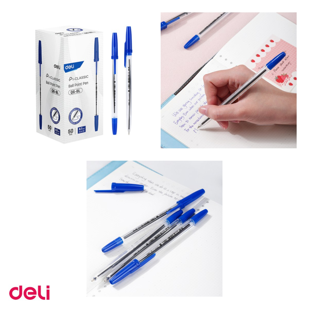 Set 10 pixuri de unica folosinta Deli, varf 0.7 mm, cerneala albastra, corp transparent [4]