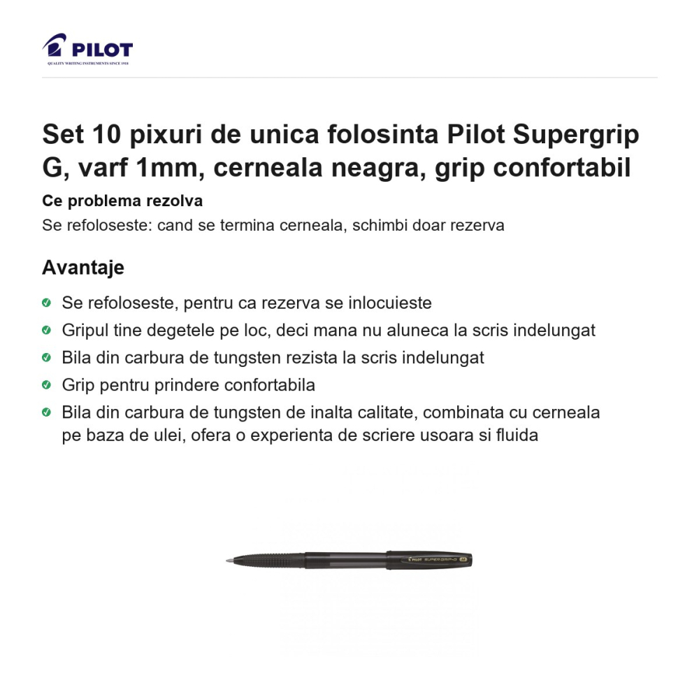 Set 10 pixuri de unica folosinta Pilot Supergrip G, varf 1mm, cerneala neagra, grip confortabil [2]