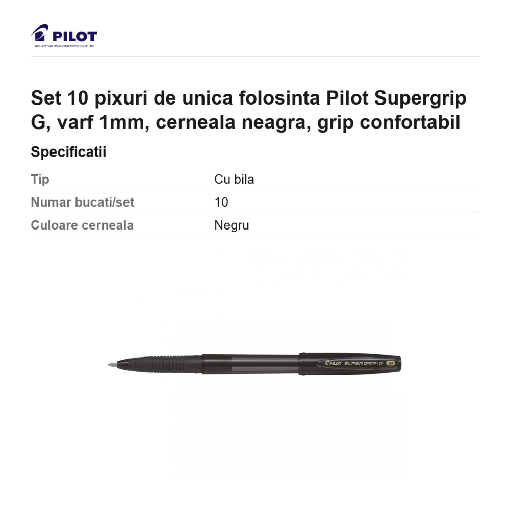 Set 10 pixuri de unica folosinta Pilot Supergrip G, varf 1mm, cerneala neagra, grip confortabil [3]